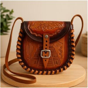 Western Crossbody Mini Brown Tooled Leather Purse Shoulder Bag